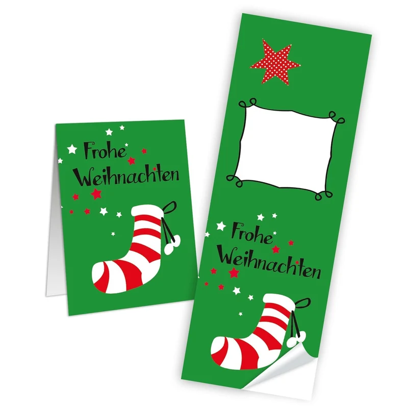 25 Aufkleber Sticker FROHE WEIHNACHTEN grün rot weiß NIKOLAUSSTRUMPF 5 x 14,8 cm Geschenkaufkleber Verpackung Geschenke Banderolen Papiertüten zukleben Weihnachtsaufkleber