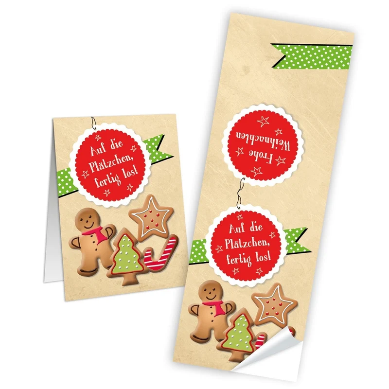 50 Weihnachts-Aufkleber 5 x 14,8 cm AUF DIE PLÄTZCHEN Aufkleber Weihnachten rot grün natur Lebkuchenmann Verpackung Papiertüten Geschenktüten zukleben zumachen Weihnachtsplätzchen Banderolen Sticker