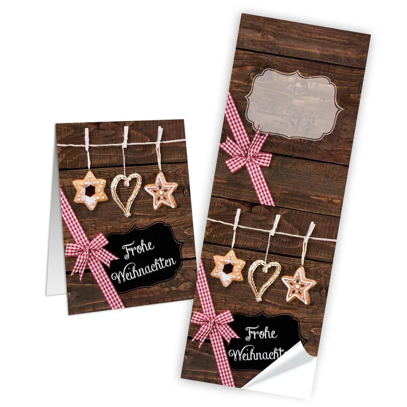 100 Aufkleber Sticker FROHE WEIHNACHTEN rot weiß braun kariert Strohschmuck 5 x 14,8 cm Holz-Optik natürlich Weihnachtsaufkleber Banderolen für Weihnachtstüten Geschenktüten Papiertüten - Verpackung