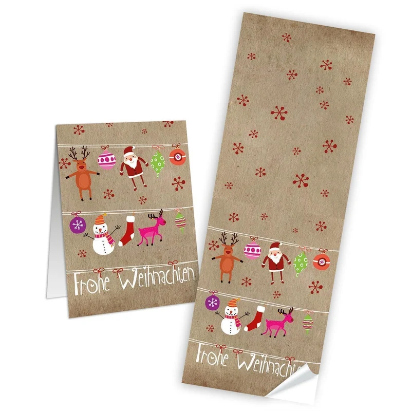 50 große FROHE WEIHNACHTEN pink natur rosa rot beige Geschenk-Aufkleber Sticker 7,2 x 21 cm - Etiketten Banderolen Verpackung Papiertüten weihnachtlich