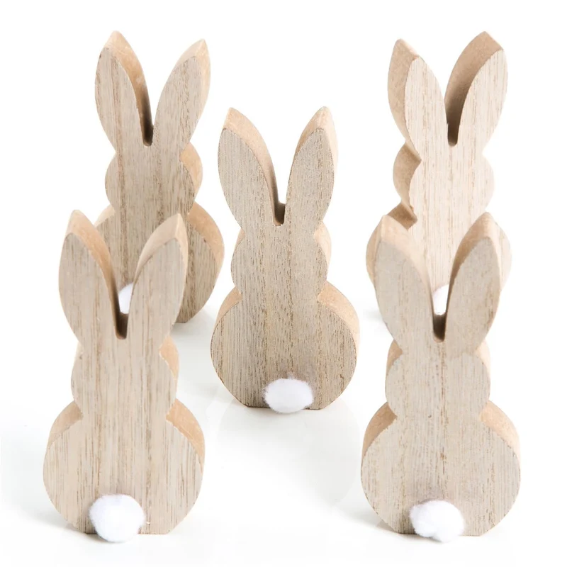 Logbuch-Verlag 5 Osterhasen aus Holz m. Puschel Natur weiß Vintage Landhausstil Deko Ostern Holzdeko Osterdeko Figur Hase Frühlingsdeko braun 12 cm