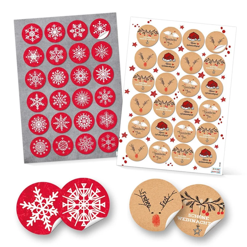 SET 2 x 24 Weihnachtsaufkleber rot weiß schwarz FROHE WEIHNACHTEN + SCHNEEFLOCKE Aufkleber Geschenkaufkleber Verpackung 4 cm Weihnachtsgeschenke retro vintage Sticker Geschenkverpackung Deko