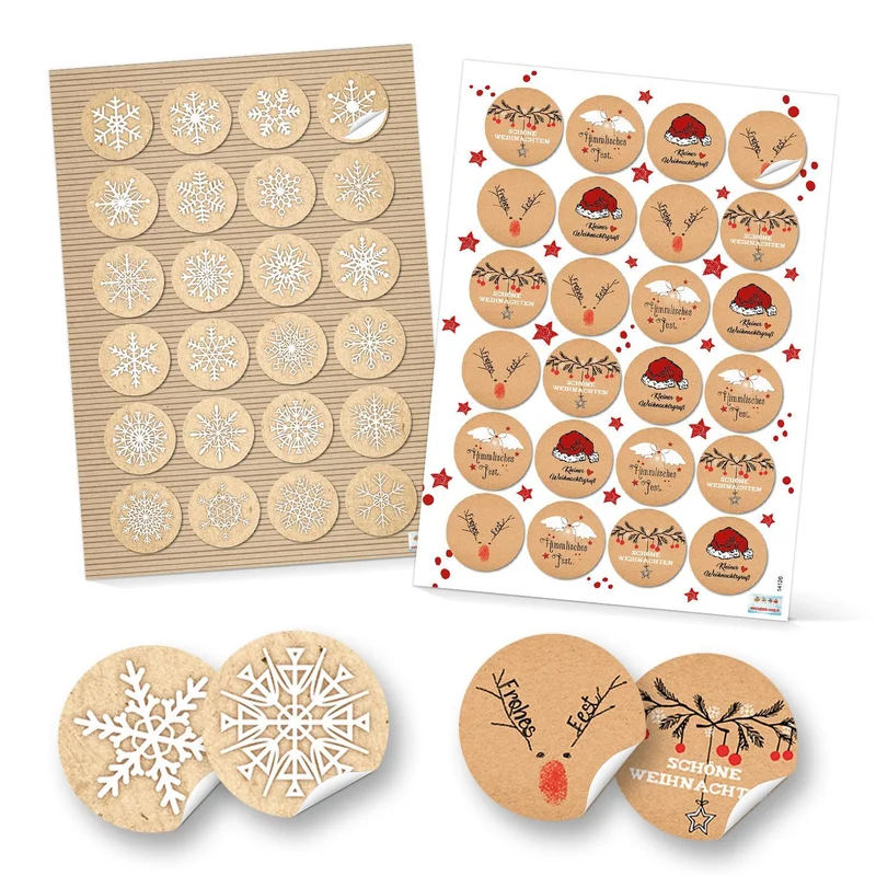 SET 2 x 24 Weihnachtsaufkleber rot weiß schwarz natur FROHE WEIHNACHTEN + SCHNEEFLOCKE Aufkleber Geschenkaufkleber Verpackung 4 cm Weihnachtsgeschenke retro vintage Sticker Geschenkverpackung Deko