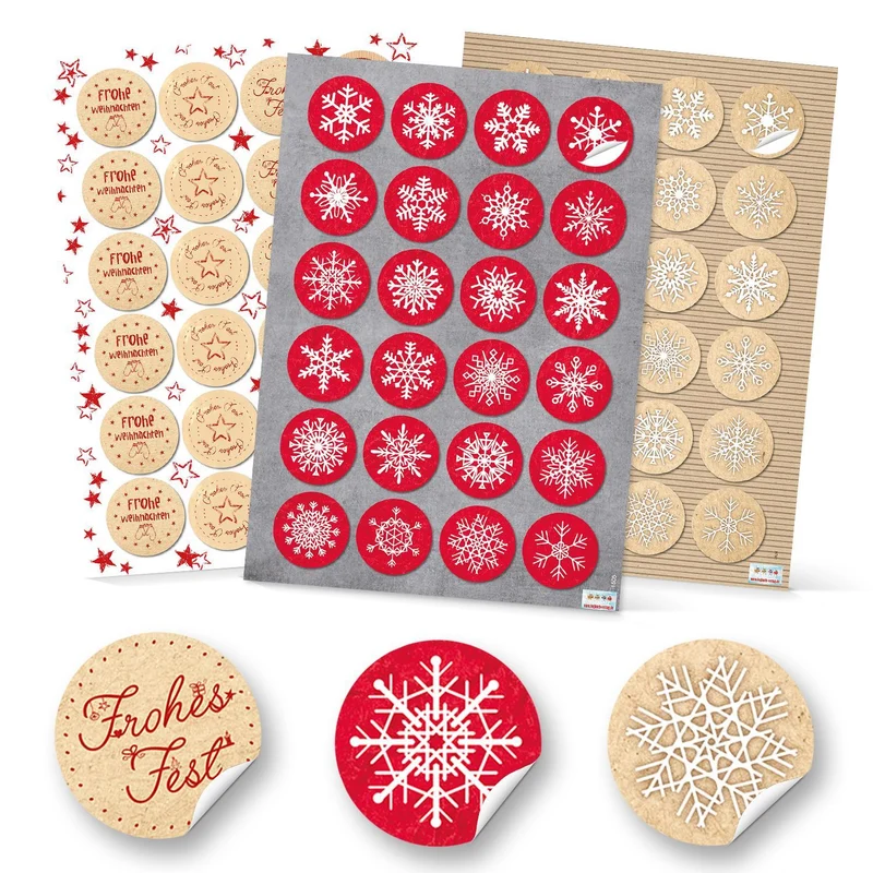 SET 6 x 24 rot weiß natur Weihnachtsaufkleber Aufkleber FROHE WEIHNACHTEN FROHES FEST + SCHNEEFLOCKE Verpackung Geschenkaufkleber vintage rund 4 cm Deko weihnachtlich Geschenkverpackung
