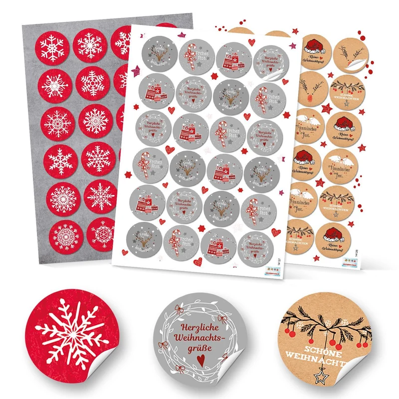SET 6 x 24 Weihnachtsaufkleber Geschenkaufkleber weihnachtlich Sticker rund 4 cm grau weiß rot natur schwarz Verpackung Weihnachtsgeschenke Geschenkverpackung FROHE Weihnachten