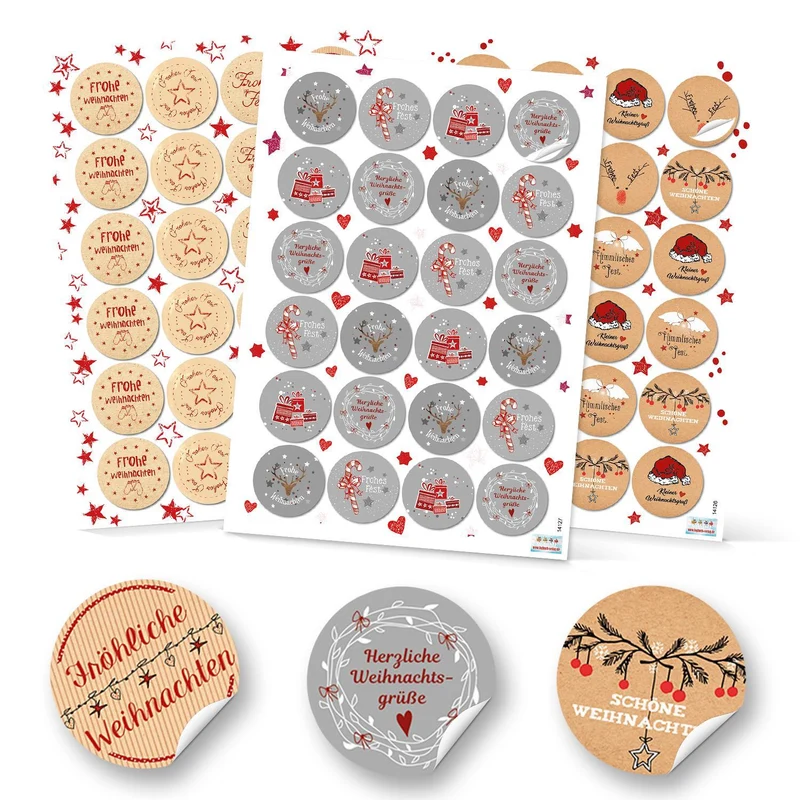 SET 6 x 24 Weihnachtsaufkleber Geschenkaufkleber weihnachtlich Sticker rund 4 cm grau weiß rot natur schwarz Verpackung Weihnachtsgeschenke Geschenkverpackung Weihnachten