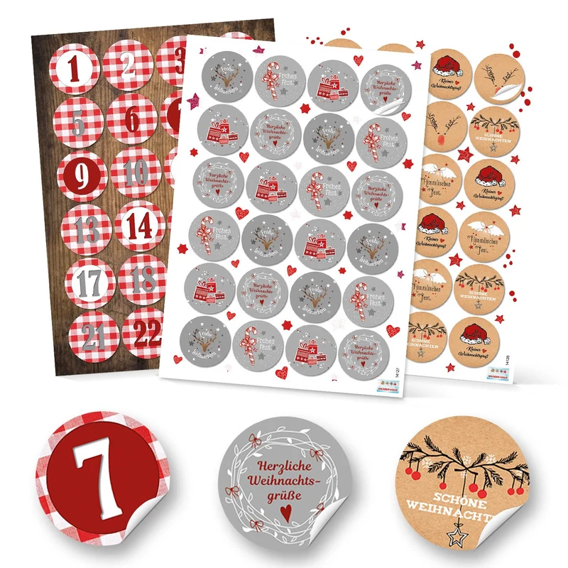 Weihnachtsaufkleber-Set: 24 Adventskalender-Zahlen KARIERT + 48 grau weiß rot natur Geschenkaufkleber Aufkleber FROHE WEIHNACHTEN Verpackung Geschenk-Verpackung weihnachtlich