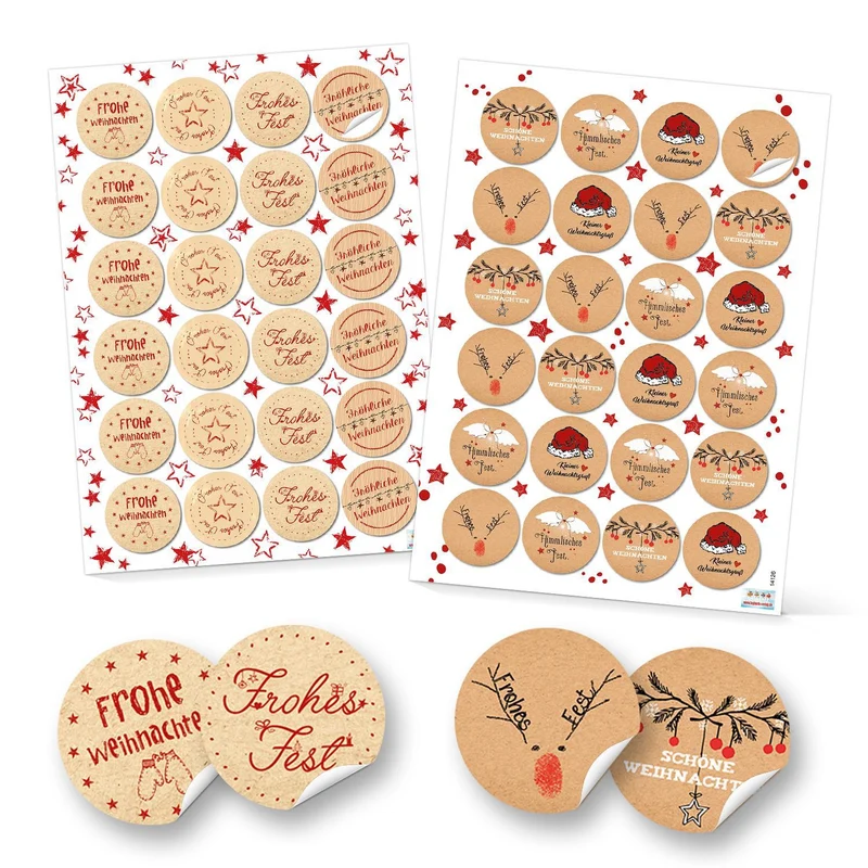 Weihnachtsaufkleber Set - 4 x 24 Sticker in Kraftpapier-Optik natur braun rot