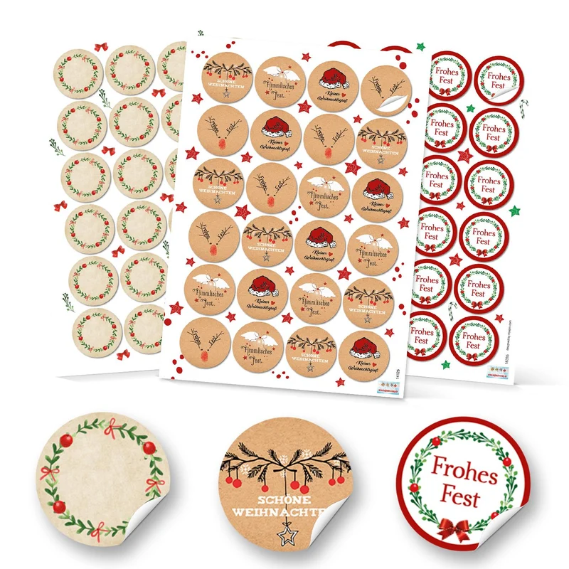 SET 3 x 24 runde Aufkleber Weihnachten rot grün natur weiß grau beige schwarz blanko Frohes Fest Etiketten weihnachtliche Verpackung