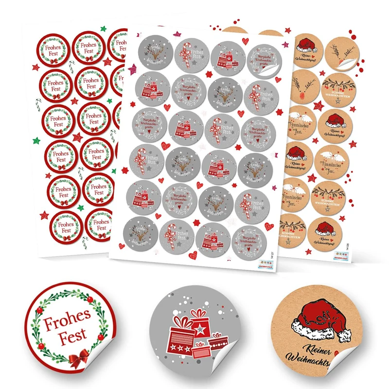 SET 3 x 24 runde weihnachtliche Aufkleber Verpackung Geschenke rot grün grau schwarz beige natur weiß Weihnachten Etiketten