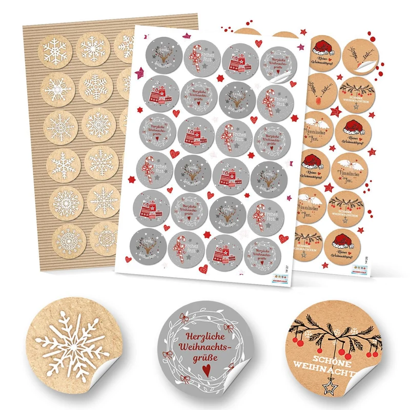SET 3 x 24 Weihnachtsaufkleber Geschenkaufkleber FROHE WEIHNACHTEN + SCHNEEFLOCKE weihnachtlich Sticker rund 4 cm grau weiß rot natur schwarz Verpackung Weihnachtsgeschenke Geschenkverpackung