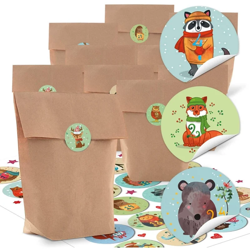 24 kleine braune Papier-Tüten natur Kraftpapier 16,5 x 26 x 6,6 cm + 1 bis 24 Zahlen Aufkleber Advent Winter-Tiere bunt basteln be-füllen Advents-Kalender Kinder Weihnachten bio Papier-Beutel