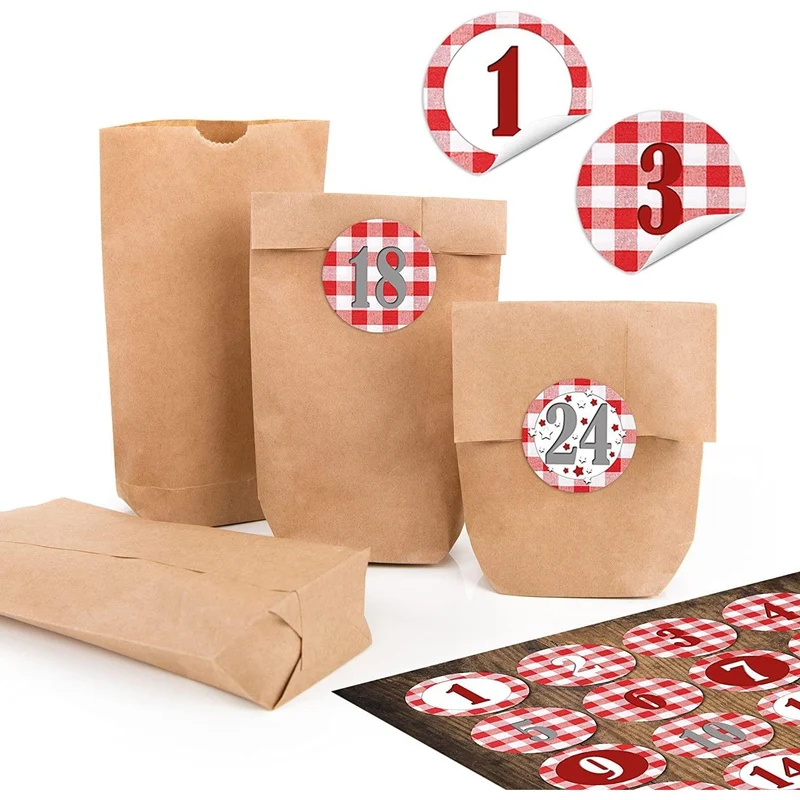 24 kleine braune Papiertüten natur Kraftpapier 9 x 15 x 3,5 cm + 1 bis 24 Nummern Zahlen runde Aufkleber Adventskalender rot weiß kariert Kalender basteln befüllen Mini-Tüten