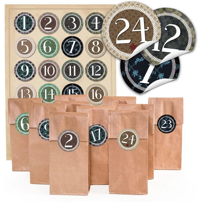 24 braune weihnachtliche Papier Plätzchen Tüten mit Pergamineinlage (7 x 4 x 20,5 cm) und 24 runde Aufkleber 4 cm "VINTAGE", "Selbstklebende Adventskalender-Zahlen 1 bis 24" für tolle Adventskalender zum selber basteln und befüllen; 1a Qualität!