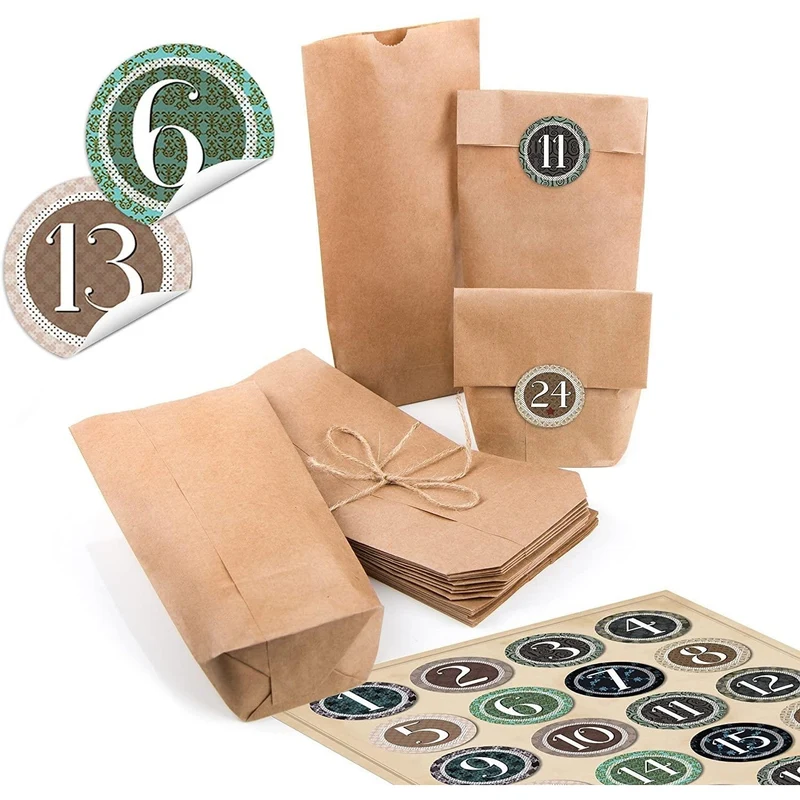 24 kleine braune Papiertüten natur Kraftpapier 10,7 x 22 x 4,2 cm + 1 bis 24 Nummern Zahlen rund vintage natürlich Aufkleber Adventskalender Kalender basteln befüllen Mini-Tüten