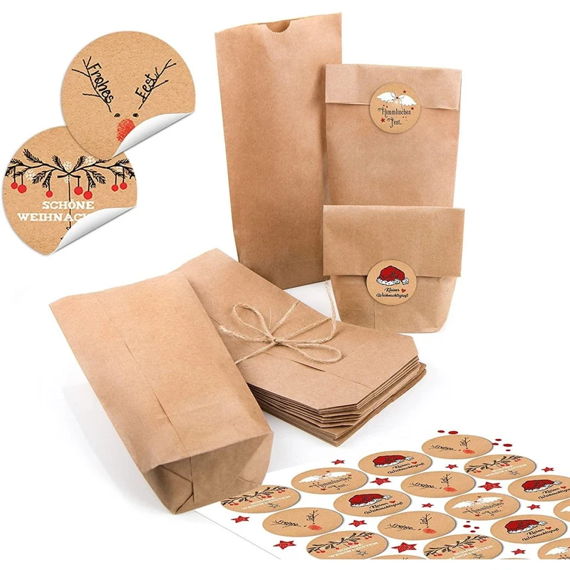 24 kleine braune Papiertüten natur Kraftpapier 10,7 x 22 x 4,2 cm + 24 runde Aufkleber Frohe Weihnachten schwarz weiß rot Verpackung Geschenk mini-Tüte