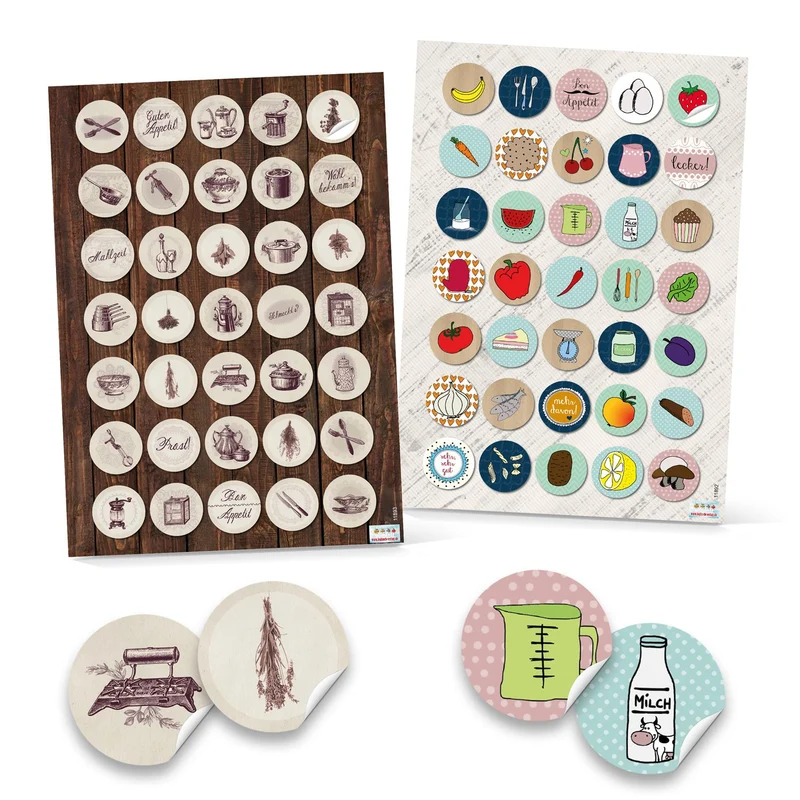 2 x 35 Küchenaufkleber 3 cm vintage bunt Küche Deko Aufkleber Glas Haushalt eigenes Kochbuch Essen Ernährung Sticker Küchen-Etiketten nostalgie Obst Gemüse alt Küchen-Utensilien