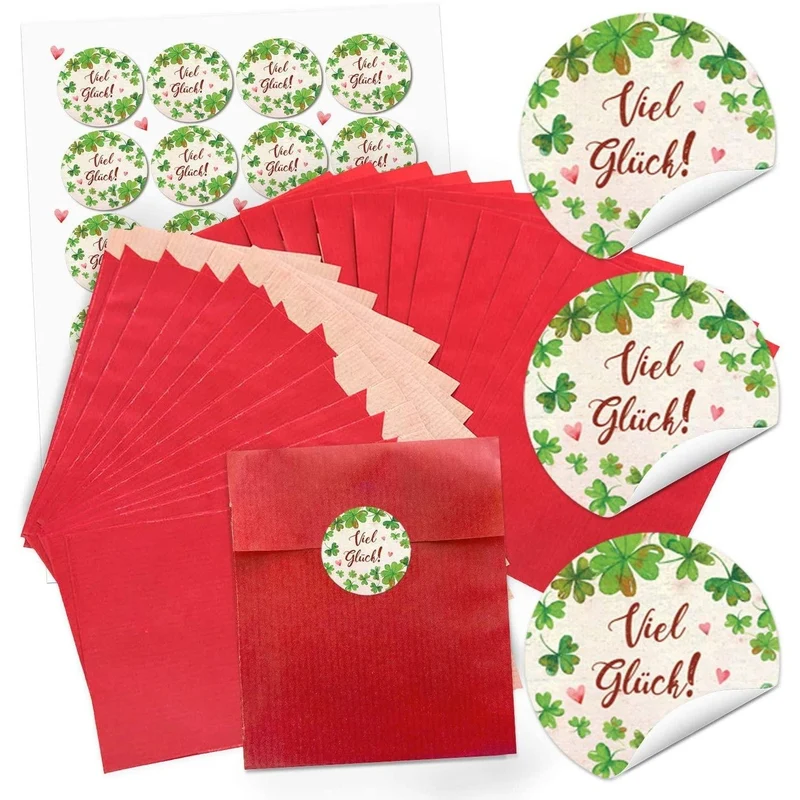 Logbuch-Verlag 24 Papiertüten rot 13 x 18 cm + 24 Aufkleber VIEL GLÜCK Sticker Kleeblatt Herzen f. Give-Away Geschenk z. Prüfung Silvester Neujahr Kraftpapier