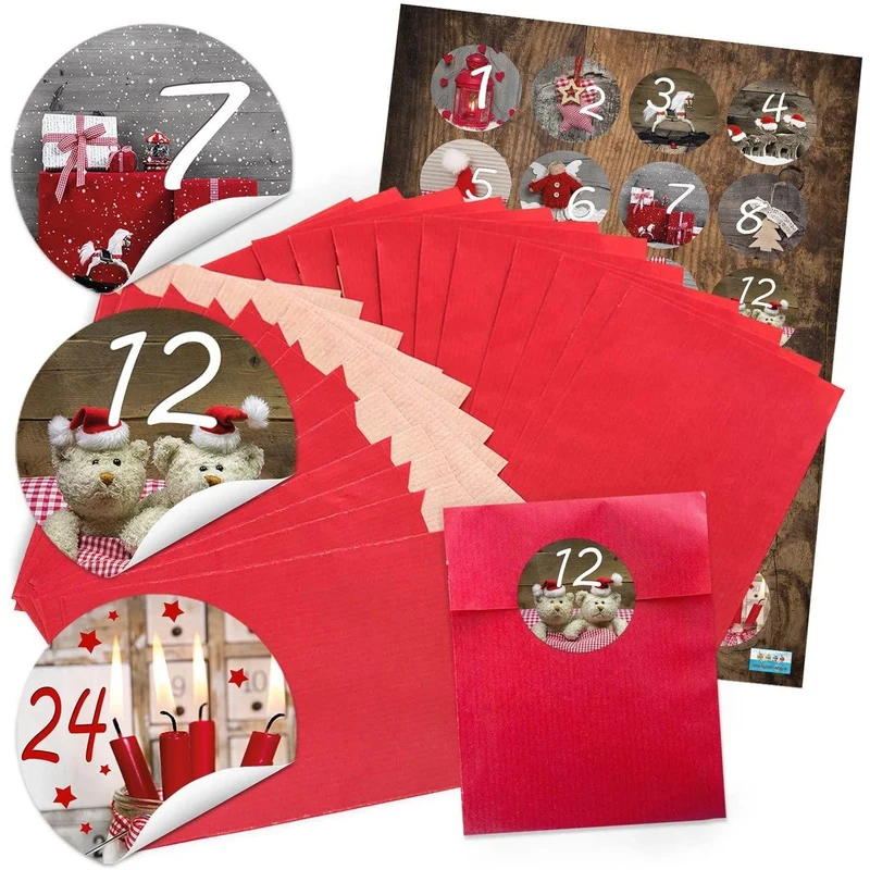 24 rote Adventskalender Tüten SET 9,5 x 14 cm + runde FOTOMOTIVE Aufkleber Zahlen Sticker 1 bis 24 zum Befüllen