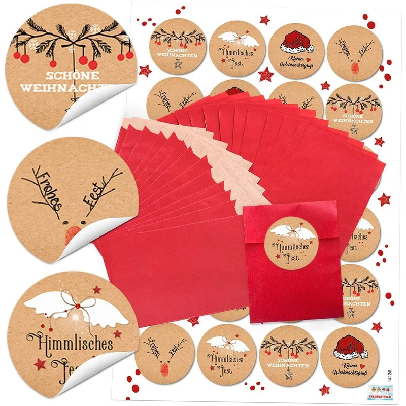 24 rote Papier-Tüten Tütchen Weihnachtstüten (7 x 9 cm) + 24 runde Weihnachts-Aufkleber mit Text 4 cm; schwarz-rot-weiß (14126) Geschenktüten zum Befüllen für Kunden, Mitarbeiter, Freunde
