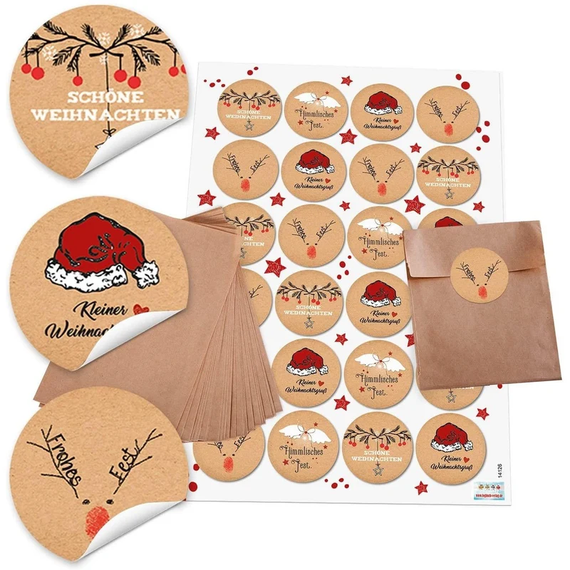 10 braune kleine natur Papier-Tüten Tütchen Weihnachtstüten (10,5 x 15 cm) + 24 runde Weihnachts-Aufkleber mit Text 4 cm; schwarz-rot-weiß (14126) Verpackung für Weihnachtsgeschenke zum Befüllen