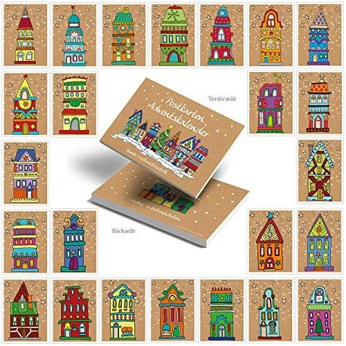 24 Weihnachtspostkarten - 10,5 x 14,8 cm - bunt braun rot blau grün natur