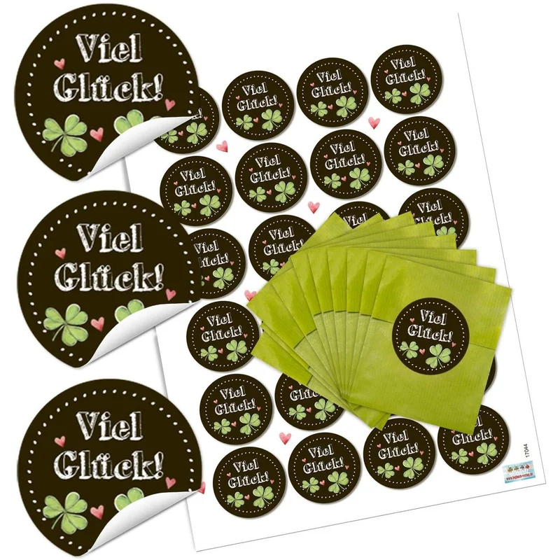 Logbuch-Verlag 24 Papiertüten grün 9,5 x 14 cm + 24 Aufkleber VIEL GLÜCK Sticker Kleeblatt Herzen schwarz weiß Give-Away Geschenk z. Prüfung Silvester Neujahr Kraftpapier