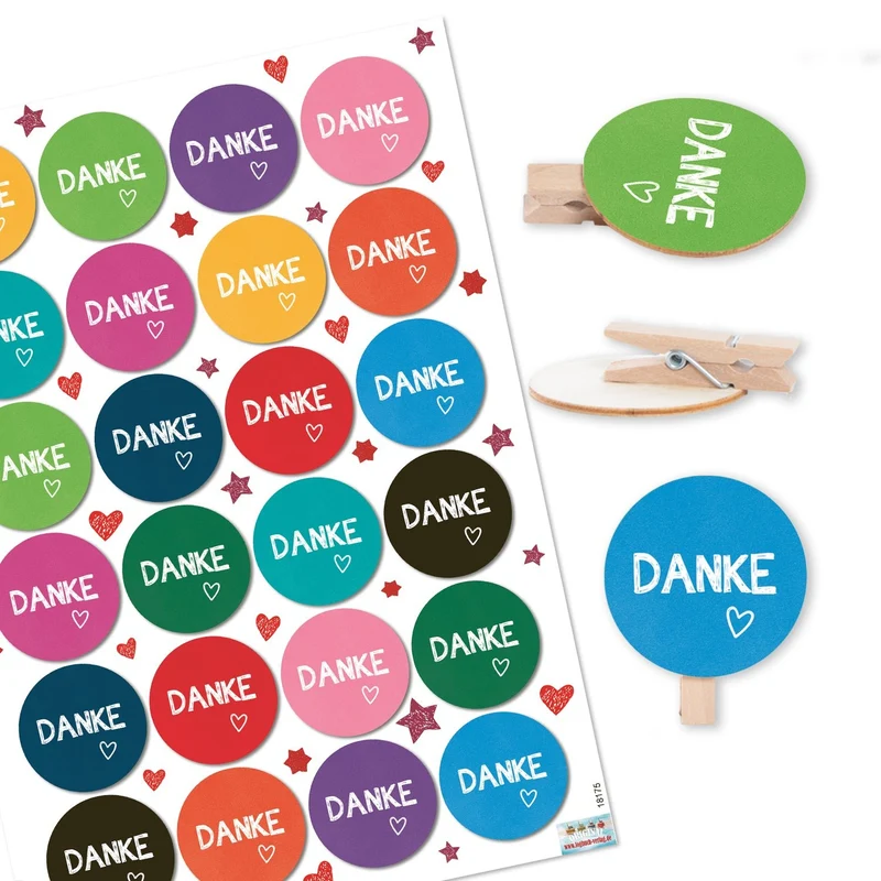 24 Danke Wort Aufkleber bunt mit Holzklammer 4 cm - Geschenke verpacken für Kunden & Gäste als Dankeschön Give-Away