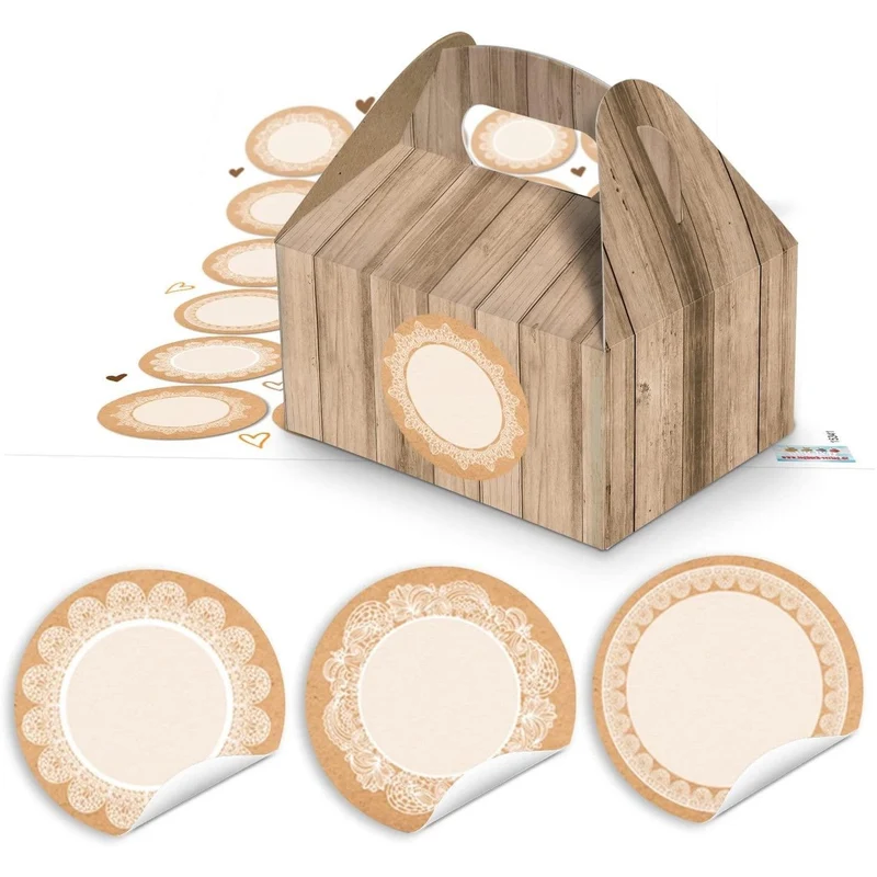 24 kleine Geschenkboxen Holz Optik braun 9 x 12 x 6 cm + 24 runde blanko Aufkleber 4 cm Kraftpapier Spitze vintage weiß beige Verpackung Präsent Schachtel Karton give-away Geschenke Pralinen