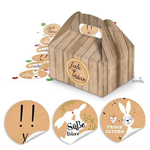 5 kleine Geschenkboxen Geschenk Schachteln Kartons Holz Optik braun 9 x 12 x 6 cm + 24 runde Aufkleber 4 cm Kraftpapier Frohe Ostern Sticker Verpackung schwarz weiß braun