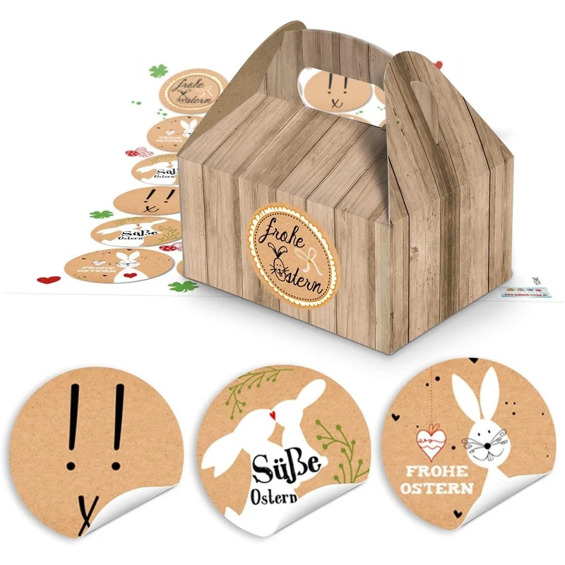 10 kleine Geschenkboxen Geschenk Schachteln Kartons Holz Optik braun 9 x 12 x 6 cm + 24 runde Aufkleber 4 cm Kraftpapier Frohe Ostern Sticker Verpackung schwarz weiß braun