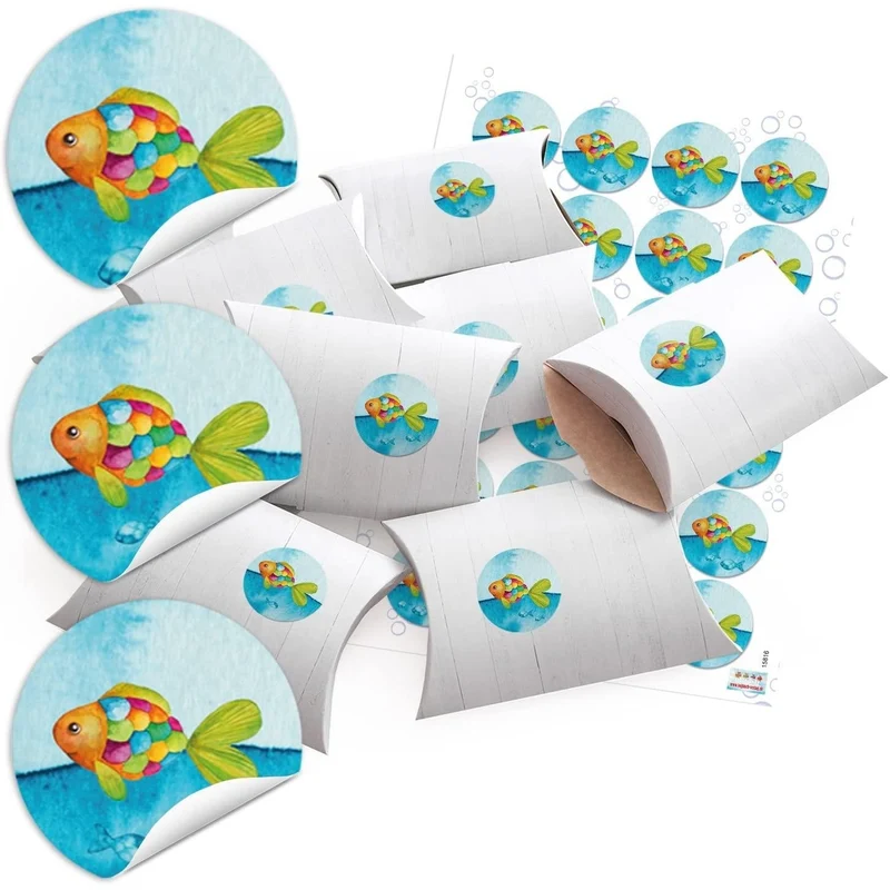 24 kleine Boxen Geschenkschachteln blau türkis REGENBOGEN-FISCHE Holz Optik weiß 14,5 x 10,5 cm ca. 3 cm + 24 runde Aufkleber - Verpackung Kinder Kommunion Geburtstag Taufe