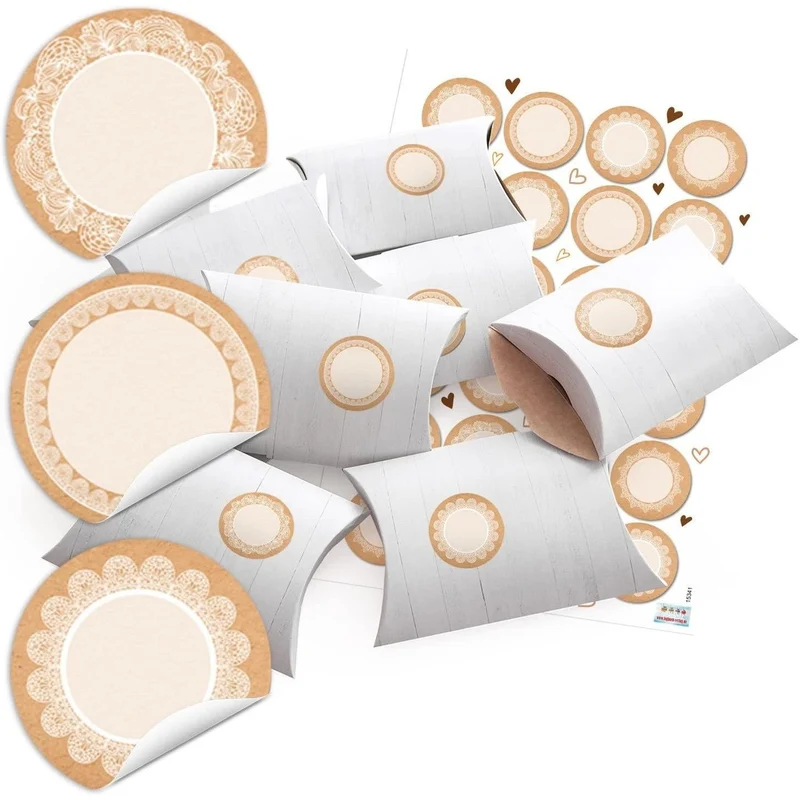 10 kleine Geschenkboxen weiß Geschenkschachtel 14,5 x 10,5 cm 3 cm + 24 runde blanko Aufkleber 4 cm Kraftpapier Spitze vintage weiß beige Verpackung Geschenkschachteln Mini Kartons Schachteln