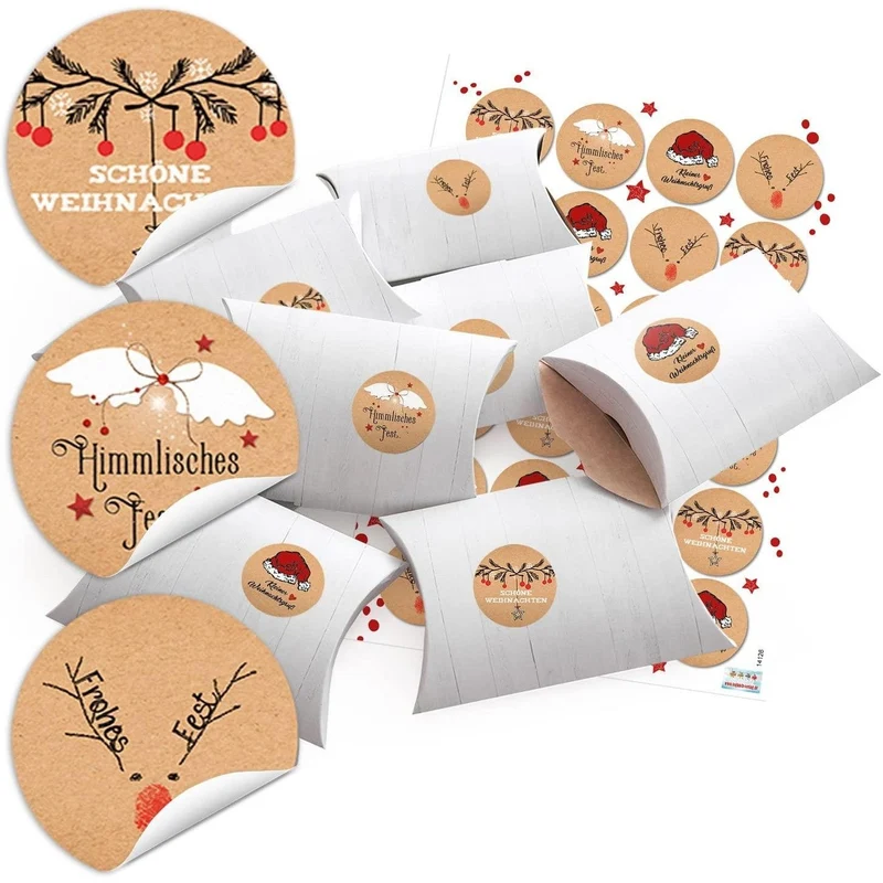 24 kleine Geschenkschachteln weiß 14,5 x 10,5 cm ca. 3 cm + 24 runde Weihnachts-Aufkleber mit Text 4 cm schwarz rot weiß Verpackung für Weihnachtsgeschenke zum Befüllen