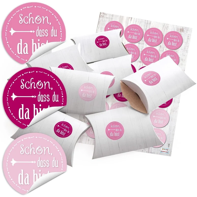 24 kleine Geschenkschachteln Geschenk-Boxen Kartons Holz Optik weiß 14,5 x 10,5 cm, 3 cm hoch + runde Aufkleber SCHÖN, DASS DU DA BIST in 3 Rosa Pink Rose Farben Ø 4 cm