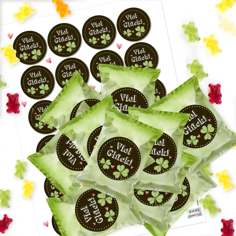 24 Fruchtgummi Tütchen Viel Glück grün schwarz – Mini-Geschenke und Glücksbringer