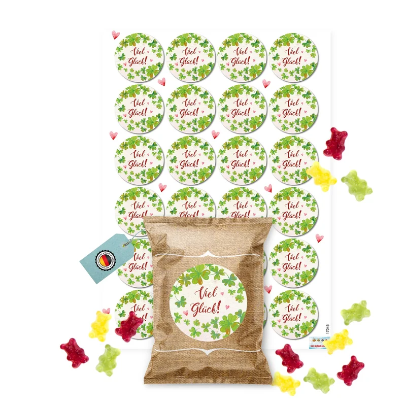 24 Fruchtgummi Tütchen Viel Glück beige braun – Glücksbringer Give-away zu Neujahr