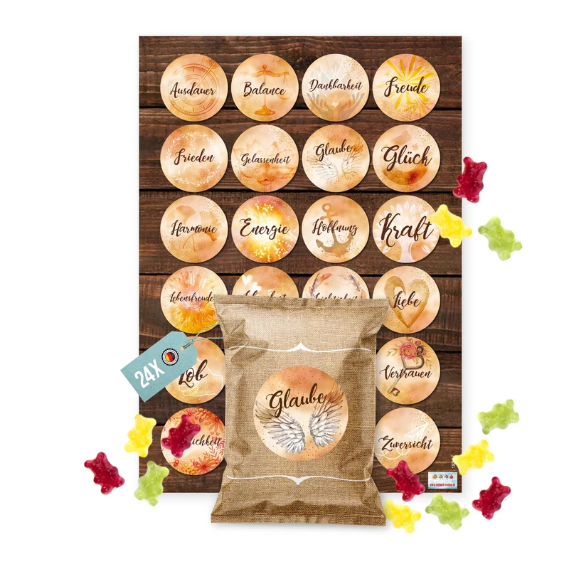 24 Fruchtgummi Tütchen mit Motivationsstickern – kleines Geschenk für Kollegen und Freunde