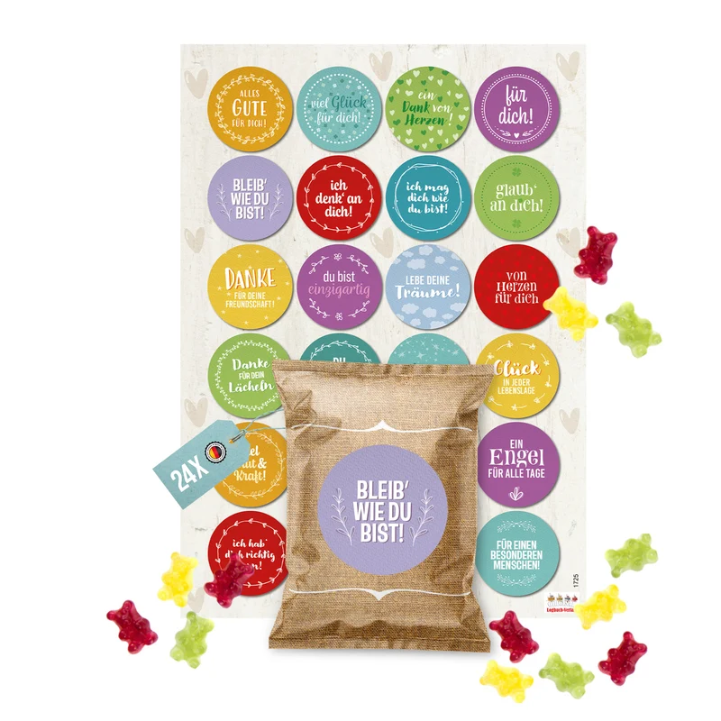 24 Fruchtgummi Tütchen mit Sprüche-Aufklebern – bunte Mini-Geschenke für liebe Menschen