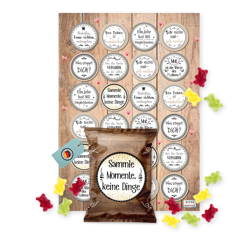 24 Fruchtgummi Tütchen mit Motivationssprüchen – Mini-Geschenke im Vintage-Look
