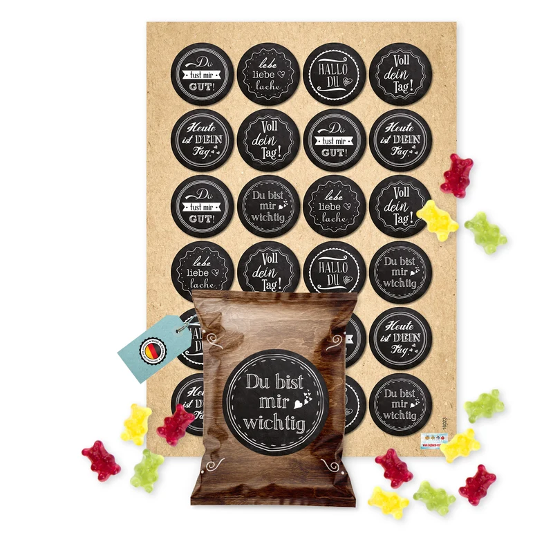 24 Fruchtgummi Tütchen mit Sprüchen schwarz weiß – kleine Aufmerksamkeiten im Vintage-Look