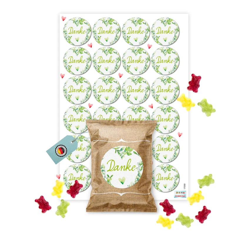 24 Fruchtgummi Tütchen Danke grün floral – Dankeschön Geschenke für Gäste und Kollegen