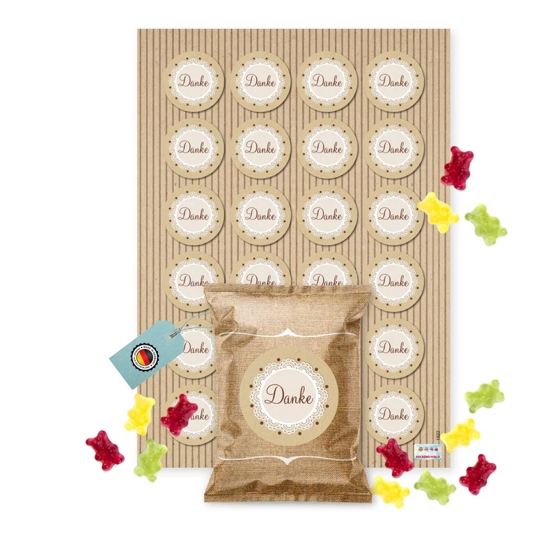 24 Fruchtgummi Tütchen Danke natur beige – Dankeschön Geschenke in Naturtönen