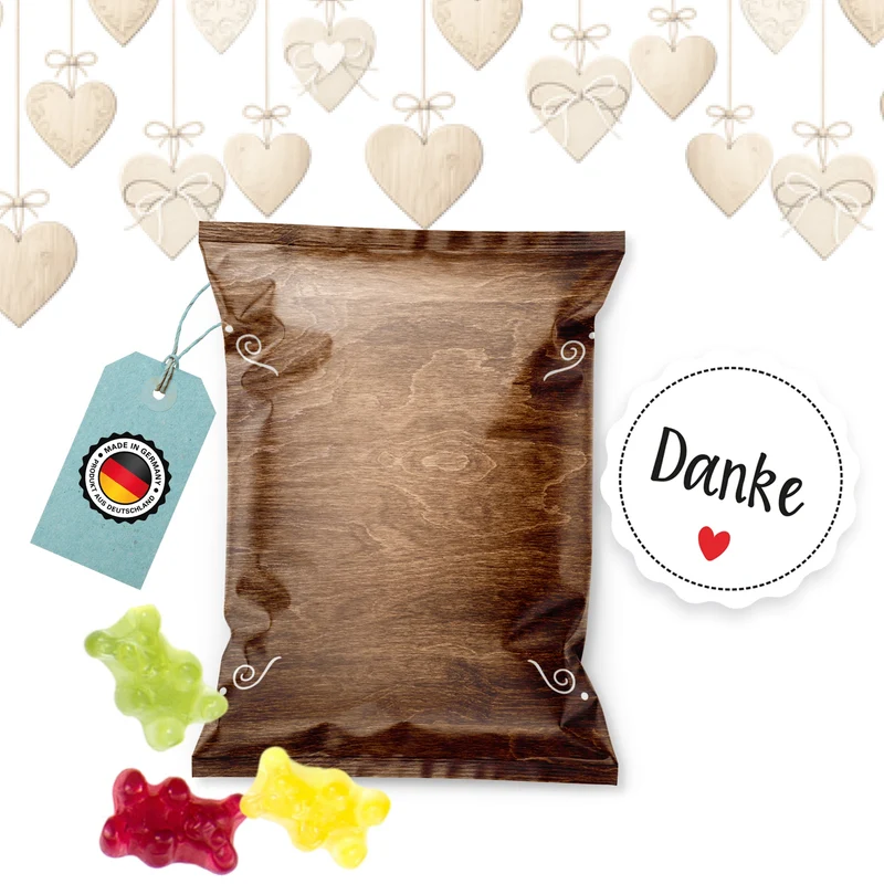 24 Fruchtgummi Tütchen Danke Holzoptik – Dankeschön mit rot-weiß karierten Stickern