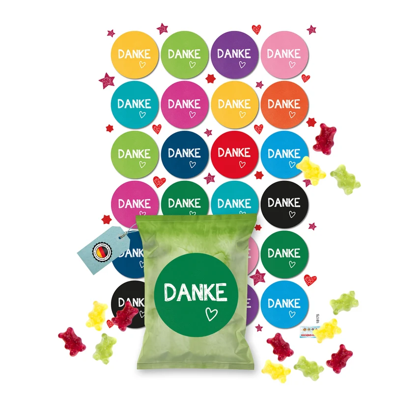 24 Fruchtgummi Tütchen Danke bunt – Dankeschön Geschenke mit farbigen Aufklebern