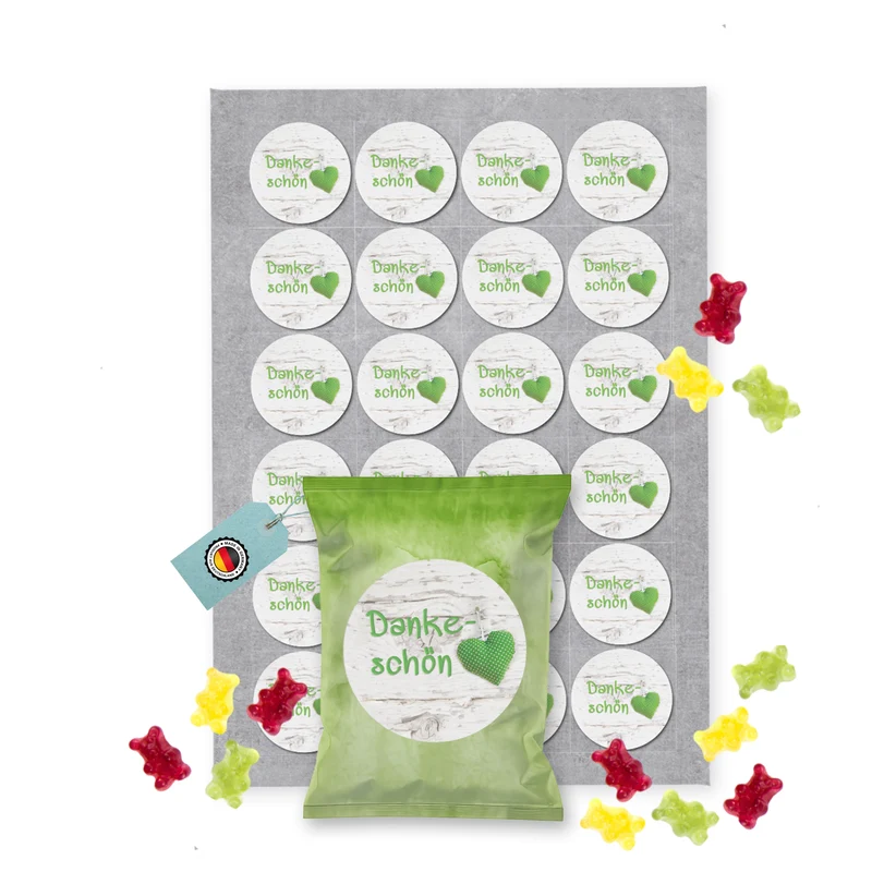 24 Fruchtgummi Tütchen Dankeschön hellgrün – Danke Geschenke mit gepunktetem Herz