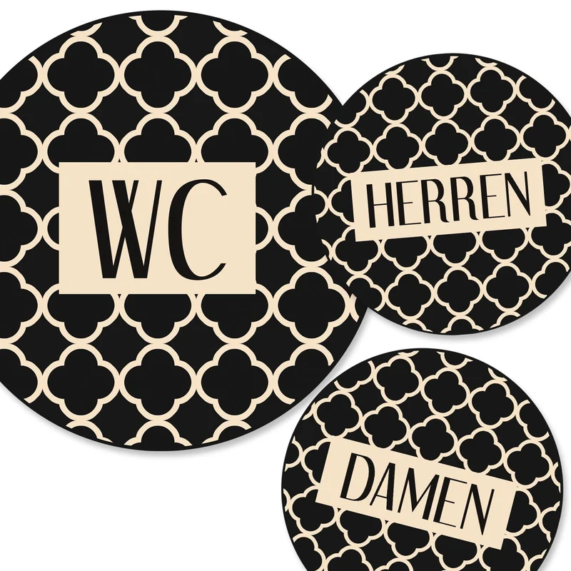 Badezimmer Türschild beige schwarz Set „Damen“ + „Herren“ + „WC“ (15,5 cm) mit Klebepads