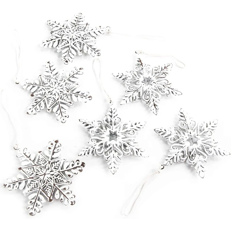 10 Stück Weihnachtsanhänger Schneeflocken aus Metall - weiß natur Christbaumanhänger Eiskristall