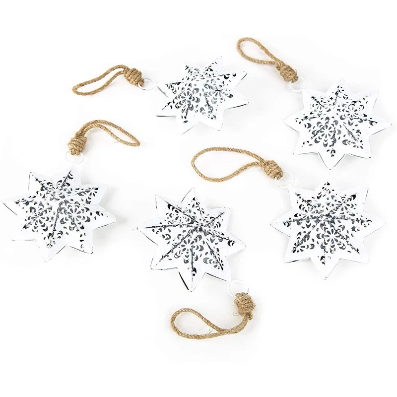 5 Weihnachtsanhänger Stern 9,5 cm Metall weiß Weihnachten Schneeflocke Vintage Shabby rustikal