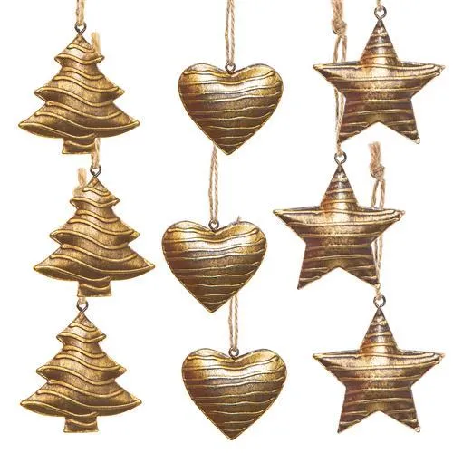 3 x 3 Weihnachtsanhänger aus Metall gold braun Baum + Herz + Stern 5 cm